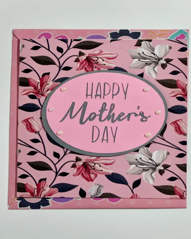 handmade mothers day card with floral design and faux pearl embellishments