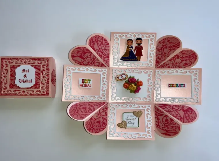 handmade congratulations card with explosion box and embellishments