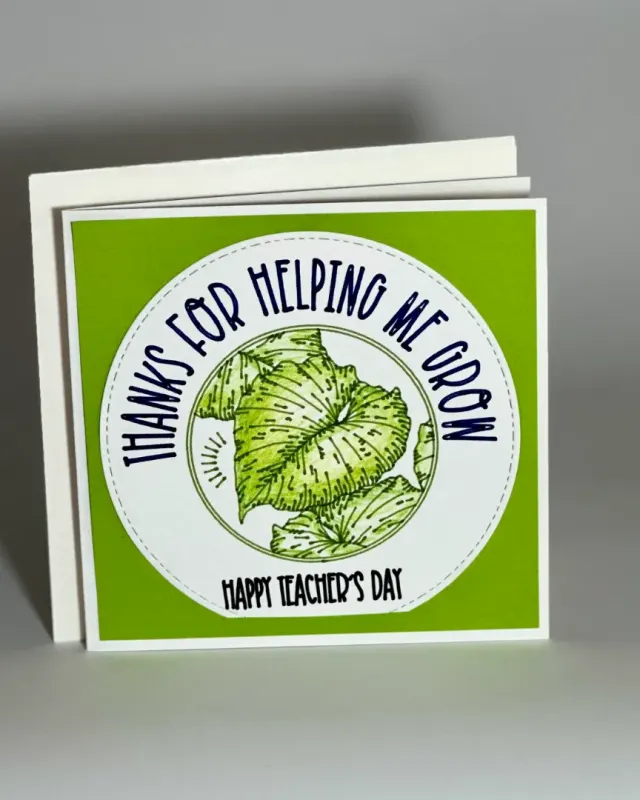 handmade teachers day card with leaves drawn and coloured